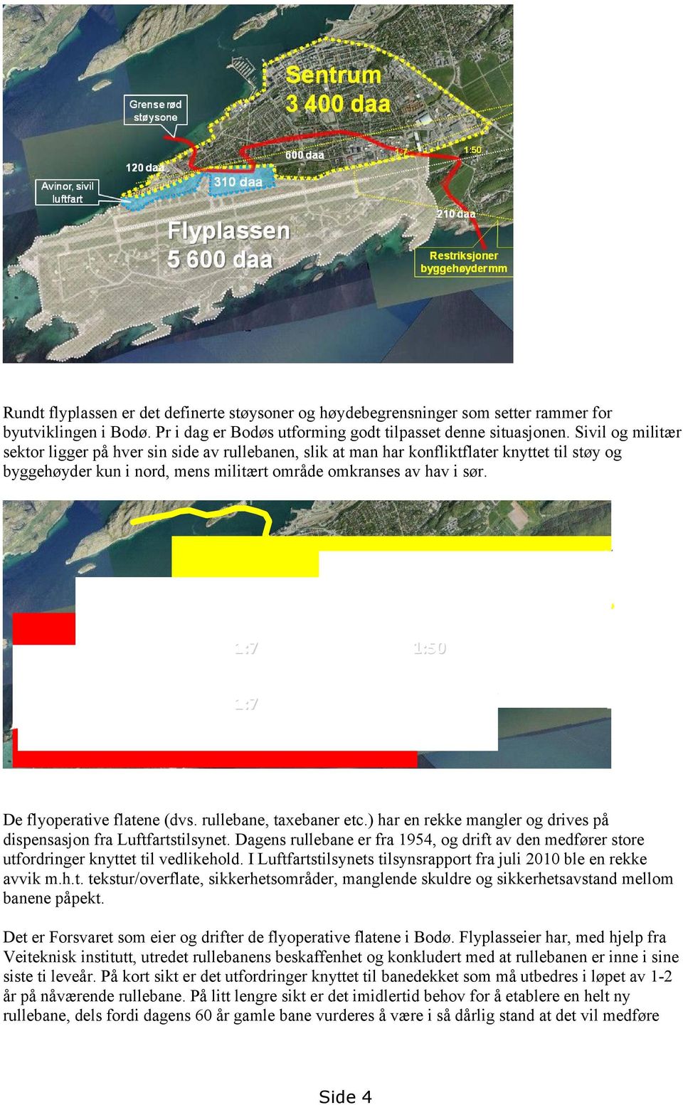 Gul støysone 1:7 1:50 1:7 R ød stø støysone De flyoperative flatene (dvs. rullebane, taxebaner etc.) har en rekke mangler og drives på dispensasjon fra Luftfartstilsynet.