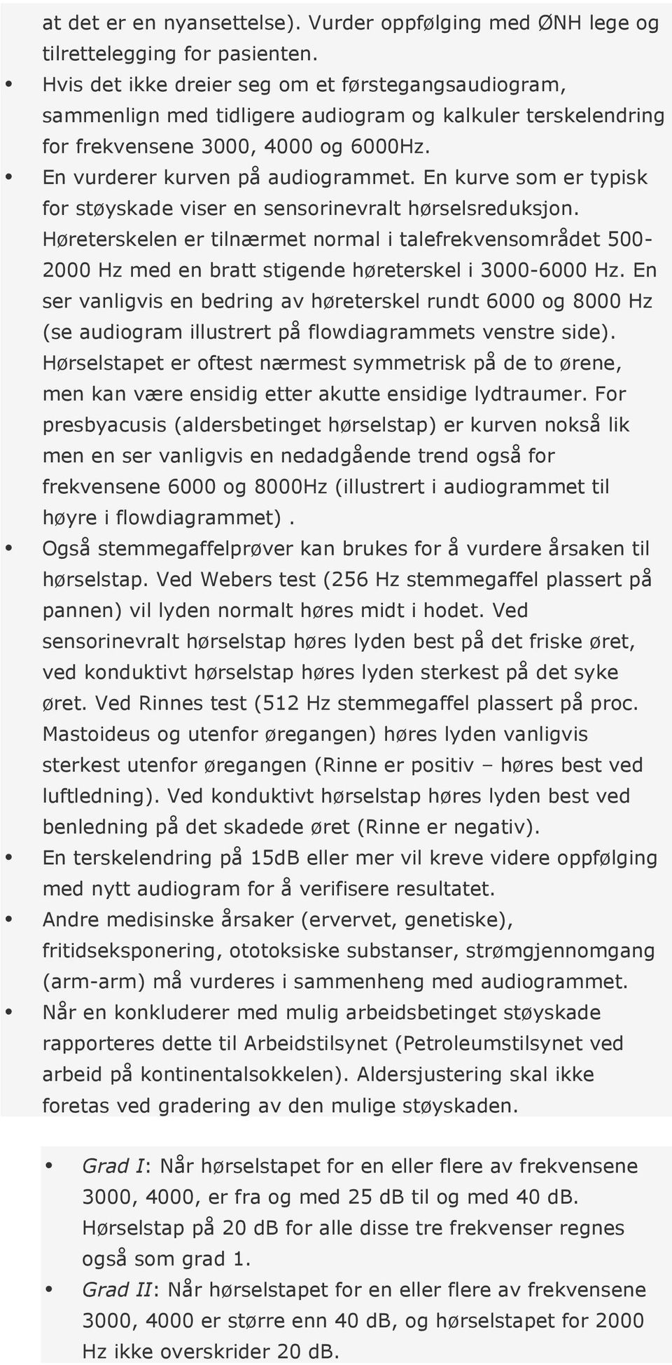 En kurve som er typisk for støyskade viser en sensorinevralt hørselsreduksjon. Høreterskelen er tilnærmet normal i talefrekvensområdet 500-2000 Hz med en bratt stigende høreterskel i 3000-6000 Hz.