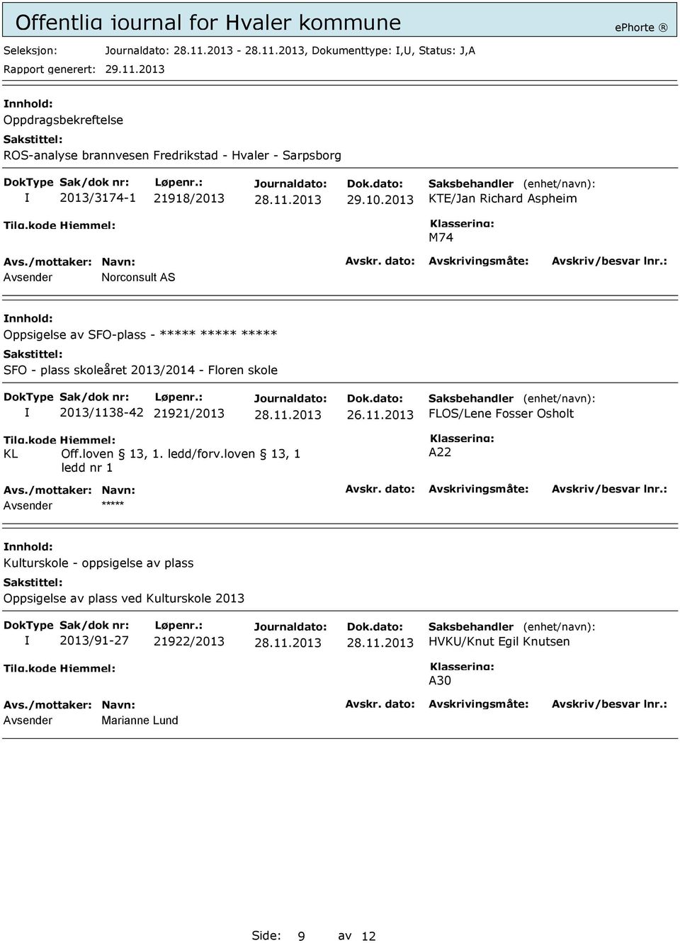 2013 KTE/Jan Richard Aspheim M74 Avsender Norconsult AS Oppsigelse av SFO-plass - SFO - plass skoleåret 2013/2014 - Floren