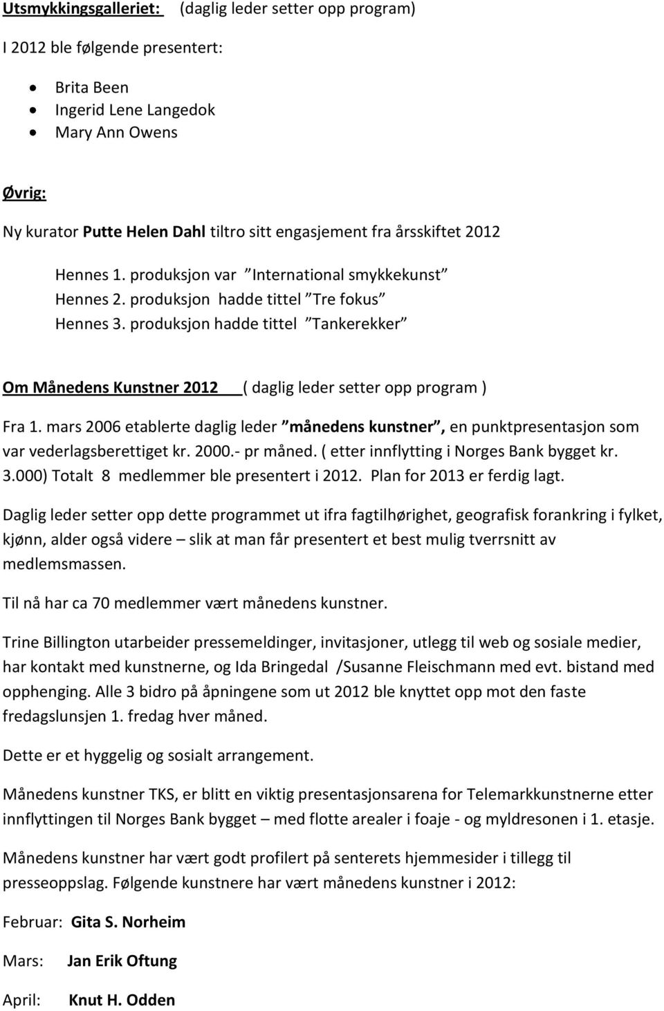 produksjon hadde tittel Tankerekker Om Månedens Kunstner 2012 ( daglig leder setter opp program ) Fra 1.