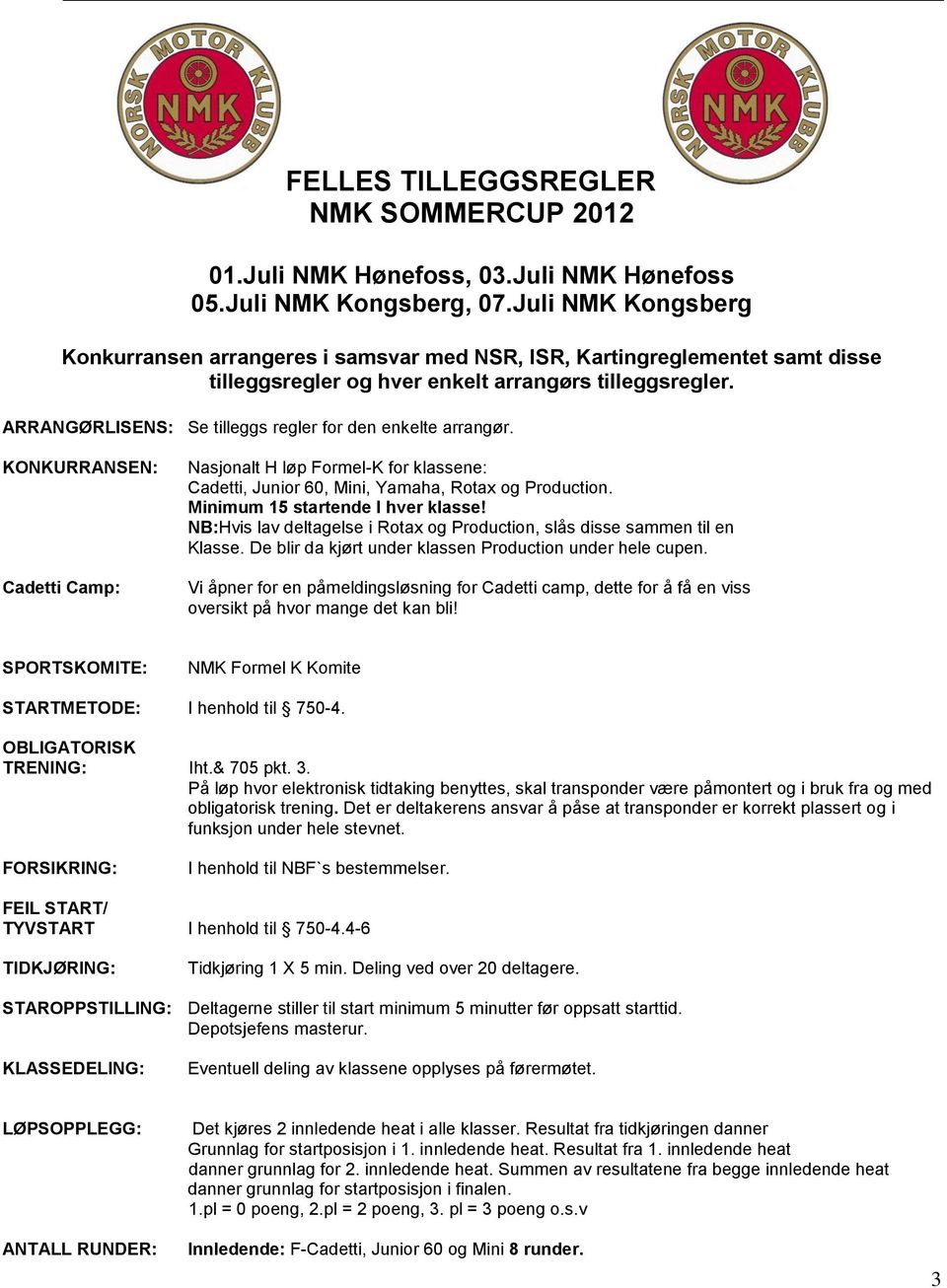 ARRANGØRLISENS: Se tilleggs regler for den enkelte arrangør. KONKURRANSEN: Cadetti Camp: Nasjonalt H løp Formel-K for klassene: Cadetti, Junior 60, Mini, Yamaha, Rotax og Production.