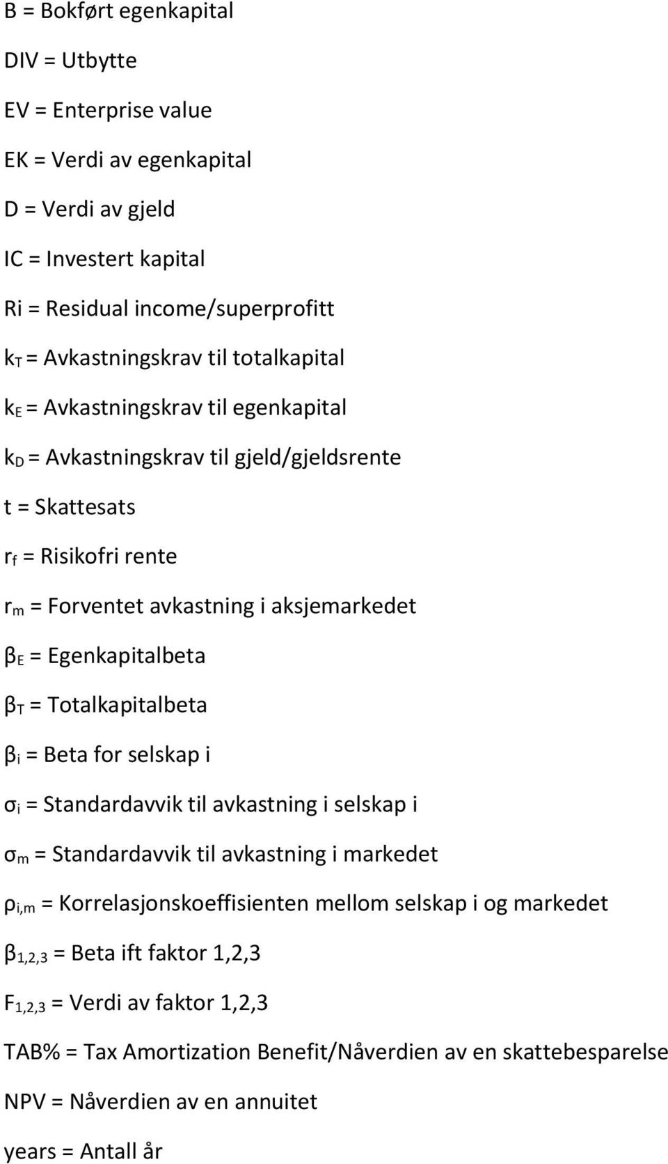 Egenkapitalbeta β T = Totalkapitalbeta β i = Beta for selskap i σ i = Standardavvik til avkastning i selskap i σ m = Standardavvik til avkastning i markedet ρ i,m = Korrelasjonskoeffisienten