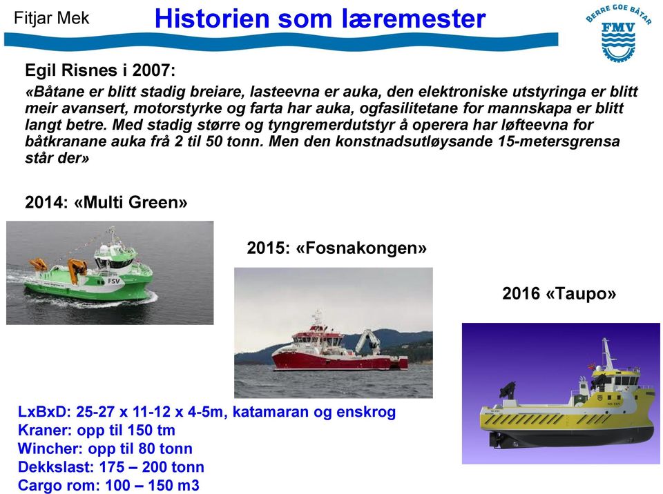 Med stadig større og tyngremerdutstyr å operera har løfteevna for båtkranane auka frå 2 til 50 tonn.