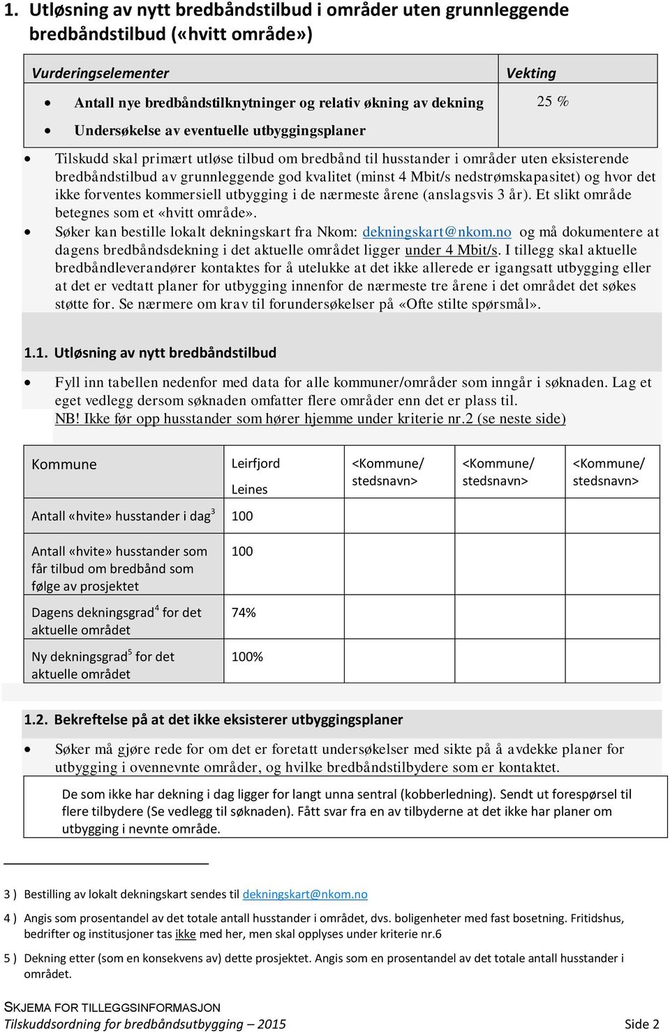 hvor det ikke forventes kommersiell utbygging i de nærmeste årene (anslagsvis 3 år). Et slikt område betegnes som et «hvitt område». Søker kan bestille lokalt dekningskart fra Nkom: dekningskart@nkom.