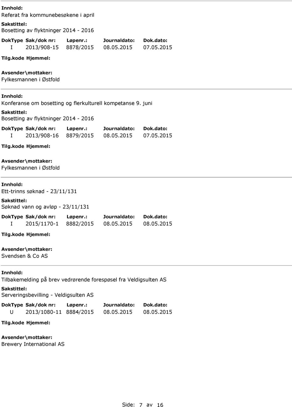 juni Bosetting av flyktninger 2014-2016 2013/908-16 8879/2015 Fylkesmannen i Østfold Ett-trinns søknad - 23/11/131 Søknad vann og