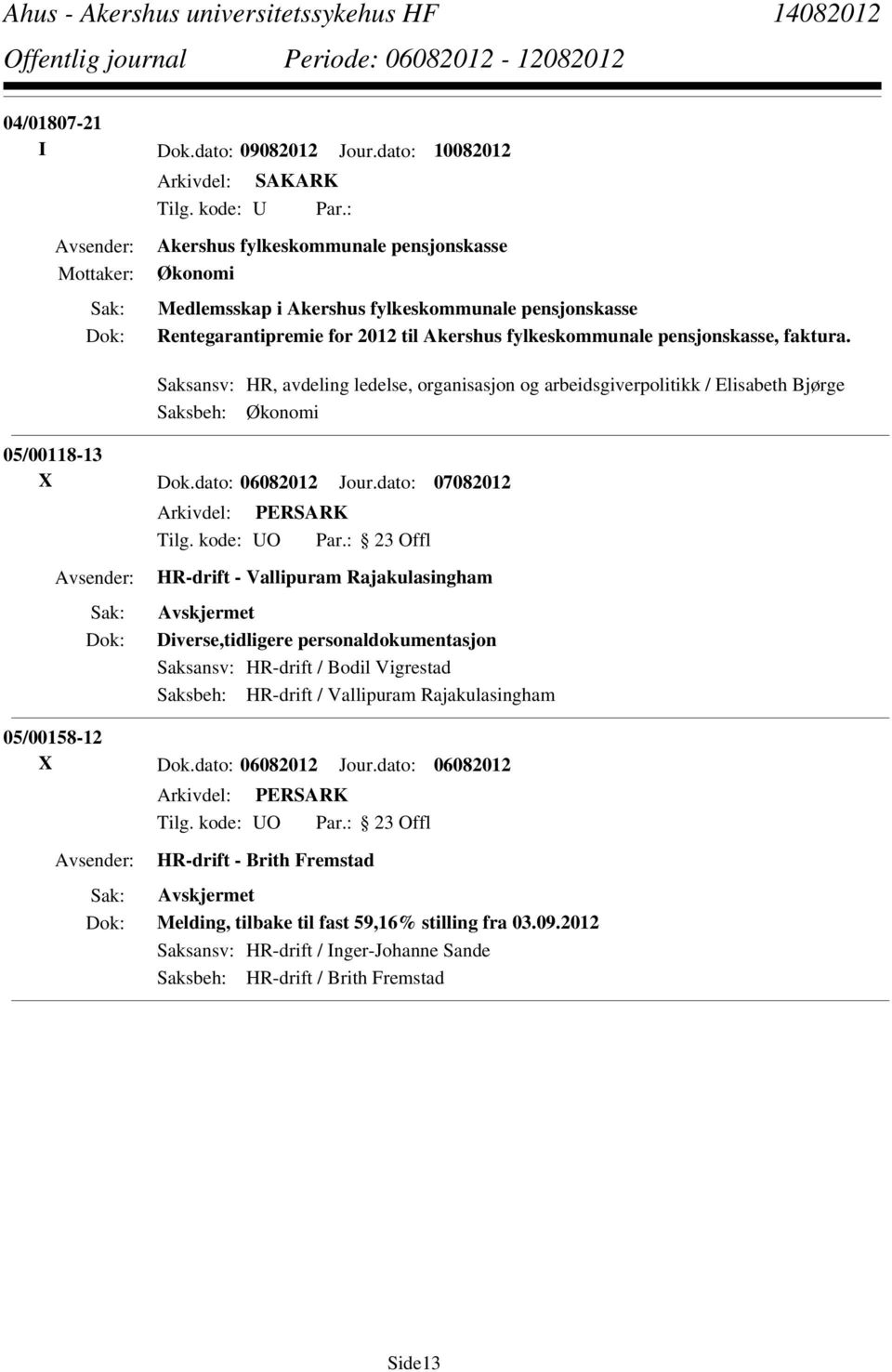 Saksansv: HR, avdeling ledelse, organisasjon og arbeidsgiverpolitikk / Elisabeth Bjørge Saksbeh: Økonomi 05/00118-13 X Dok.dato: 06082012 Jour.