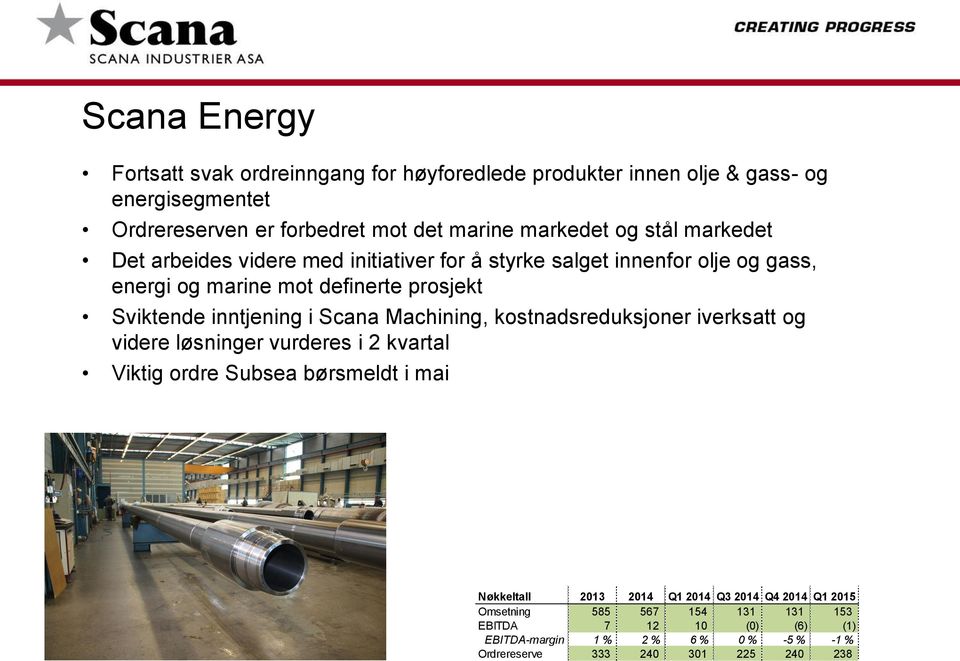 i Scana Machining, kostnadsreduksjoner iverksatt og videre løsninger vurderes i 2 kvartal Viktig ordre Subsea børsmeldt i mai Nøkkeltall 2013 2014 Q1 2014 Q3