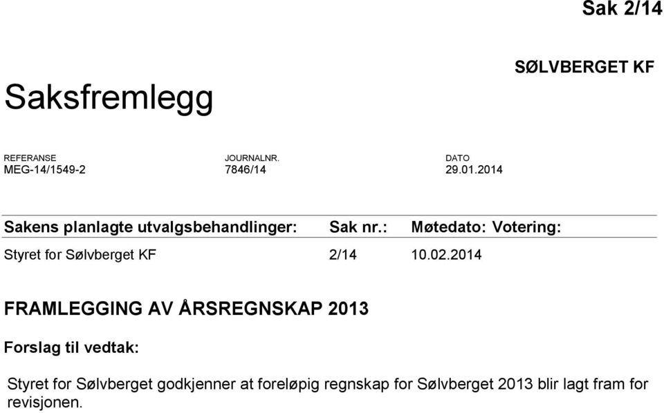 : Møtedato: Votering: Styret for Sølvberget KF 2/14 10.02.