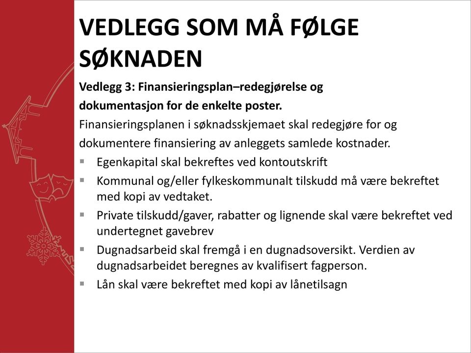 Egenkapital skal bekreftes ved kontoutskrift Kommunal og/eller fylkeskommunalt tilskudd må være bekreftet med kopi av vedtaket.