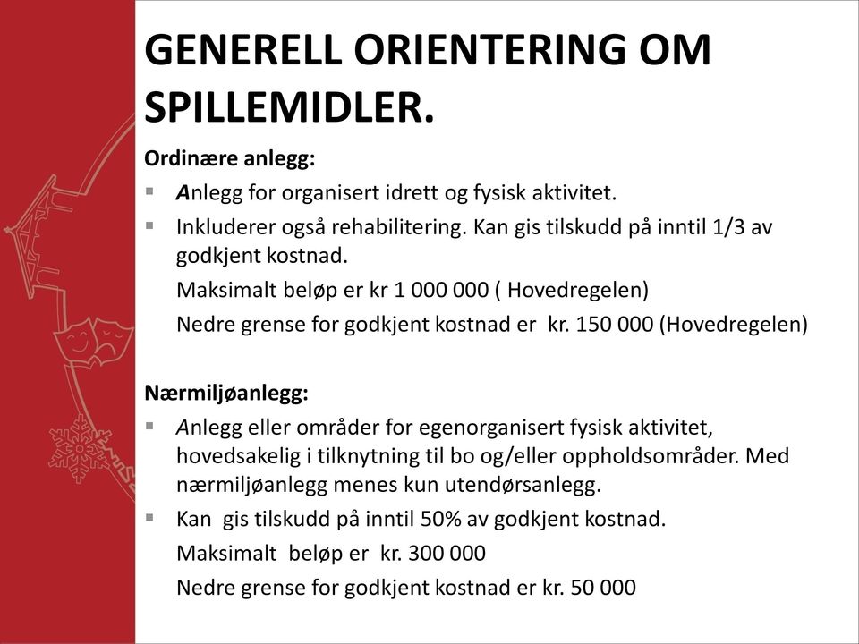 150 000 (Hovedregelen) Nærmiljøanlegg: Anlegg eller områder for egenorganisert fysisk aktivitet, hovedsakelig i tilknytning til bo og/eller