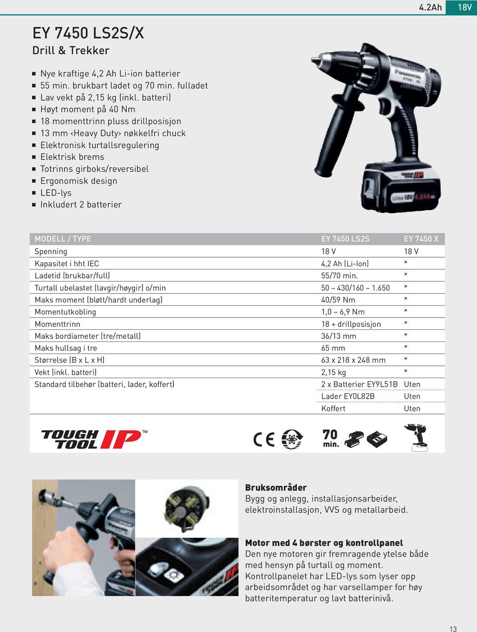 Inkludert 2 batterier MODELL / TYPE EY 7450 LS2S EY 7450 X Spenning 18 V 18 V Kapasitet i hht IEC 4,2 Ah (Li-Ion) * Ladetid (brukbar/full) 55/70 min.