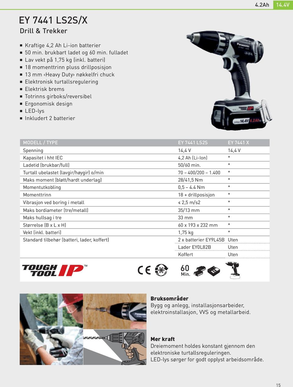 MODELL / TYPE EY 7441 LS2S EY 7441 X Spenning 14,4 V 14,4 V Kapasitet i hht IEC 4,2 Ah (Li-Ion) * Ladetid (brukbar/full) 50/60 min. * Turtall ubelastet (lavgir/høygir) o/min 70 400/200 1.