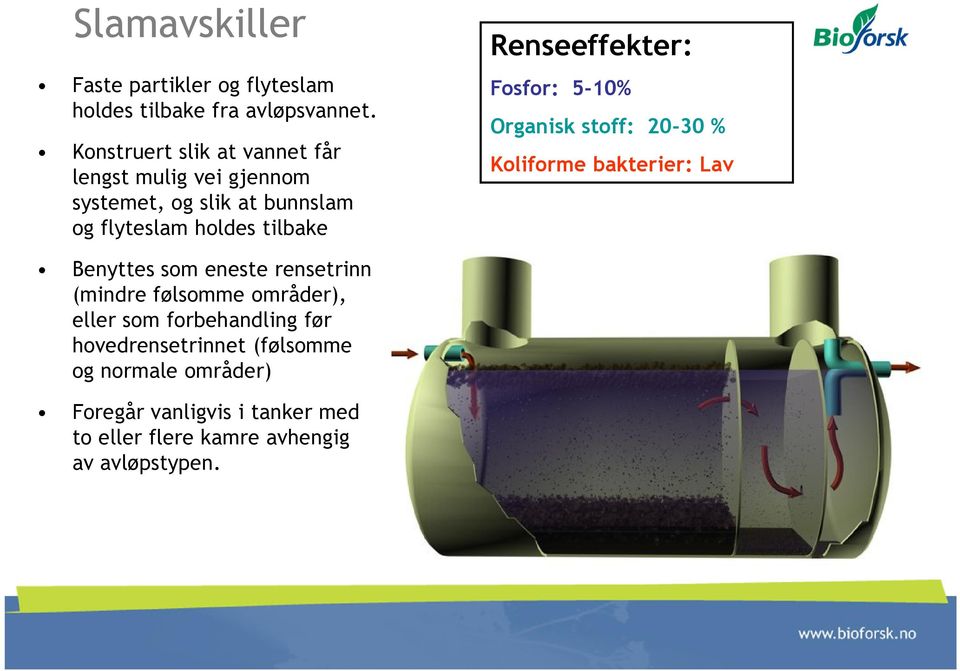 Renseeffekter: Fosfor: 5-10% Organisk stoff: 20-30 % Koliforme bakterier: Lav Benyttes som eneste rensetrinn (mindre