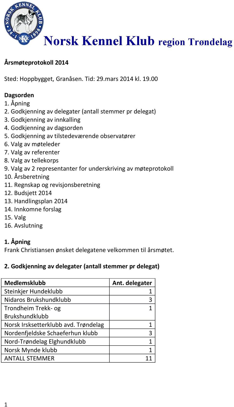 Valg av 2 representanter for underskriving av møteprotokoll 10. Årsberetning 11. Regnskap og revisjonsberetning 12. Budsjett 2014 13. Handlingsplan 2014 14. Innkomne forslag 15. Valg 16. Avslutning 1.