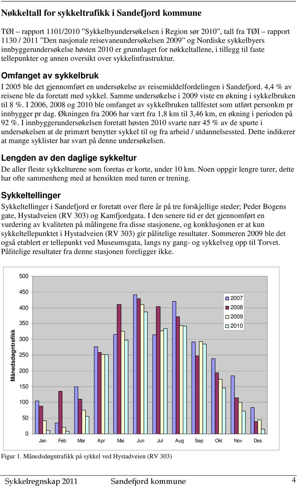 Omfanget av sykkelbruk I 2005 ble det gjennomført en undersøkelse av reisemiddelfordelingen i Sandefjord. 4,4 % av reisene ble da foretatt med sykkel.