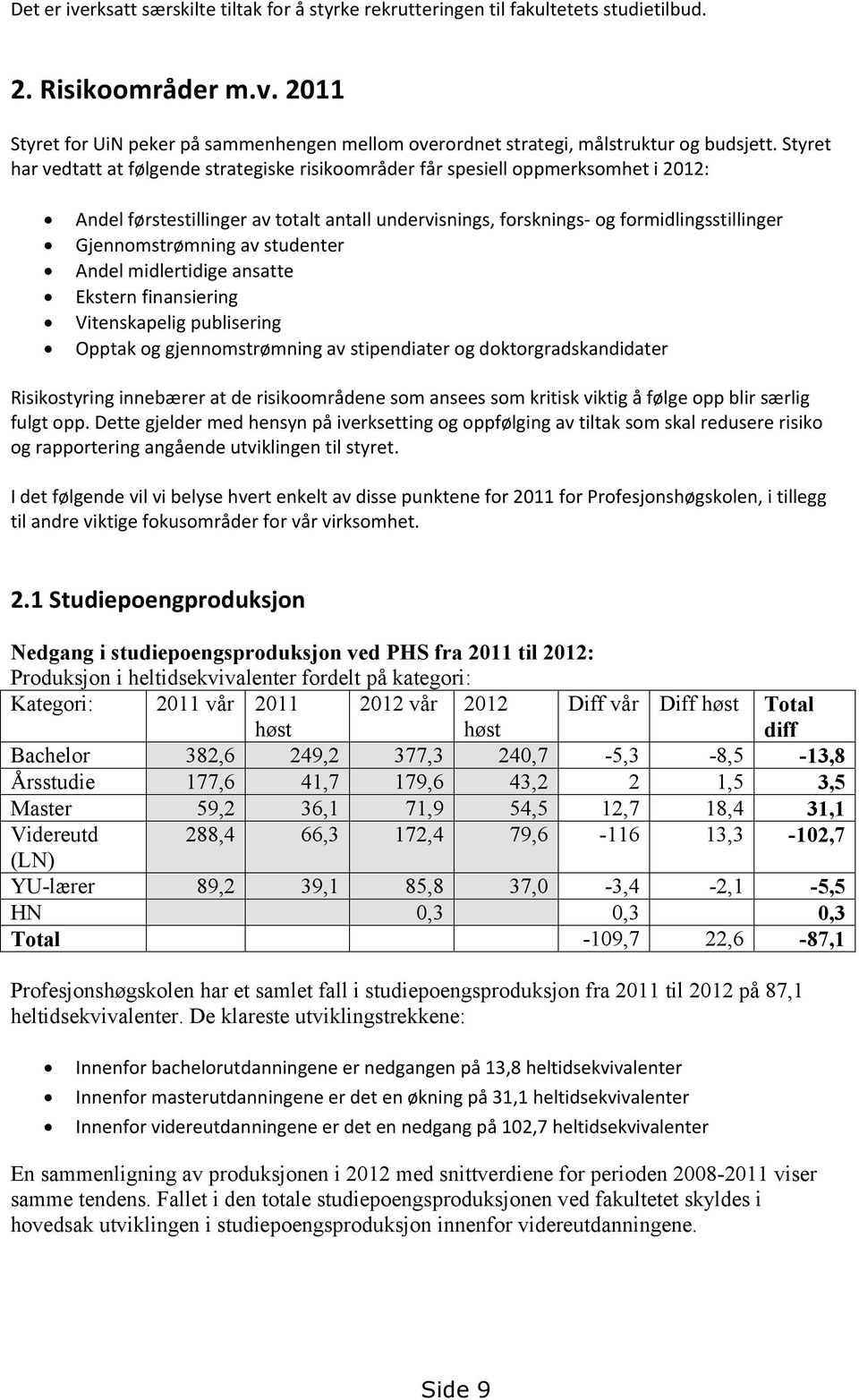 Gjennomstrømning av studenter Andel midlertidige ansatte Ekstern finansiering Vitenskapelig publisering Opptak og gjennomstrømning av stipendiater og doktorgradskandidater Risikostyring innebærer at