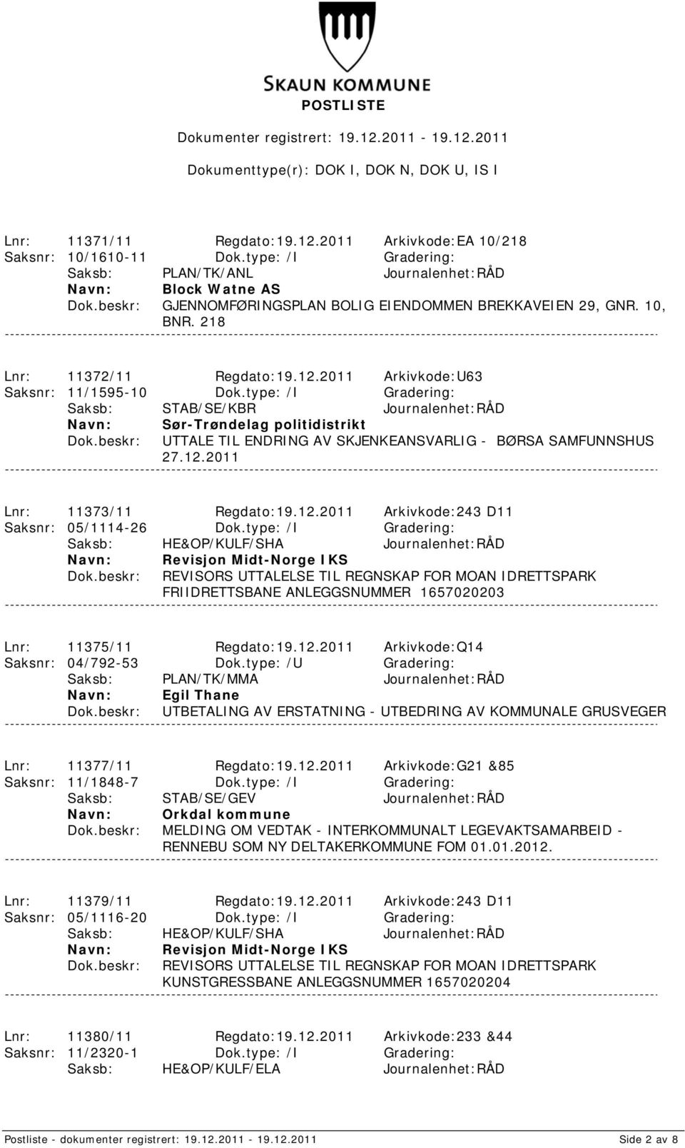 2011 Arkivkode:U63 Saksnr: 11/1595-10 Dok.type: /I Gradering: Saksb: STAB/SE/KBR Journalenhet:RÅD Sør-Trøndelag politidistrikt UTTALE TIL ENDRING AV SKJENKEANSVARLIG - BØRSA SAMFUNNSHUS 27.12.