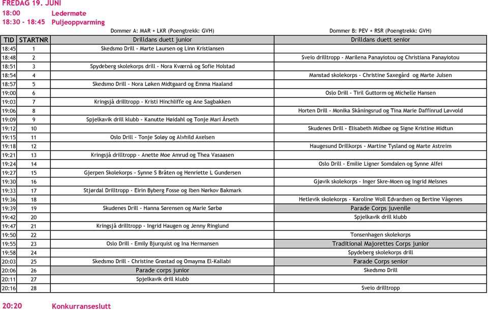 19:42 20 19:47 21 19:50 22 19:55 23 19:58 24 20:03 25 20:06 26 20:11 27 20:16 28 Ledermøte Puljeoppvarming Dommer A: MAR + LKR (Poengtrekk: GVH) Drilldans duett junior Skedsmo Drill - Marte Laursen
