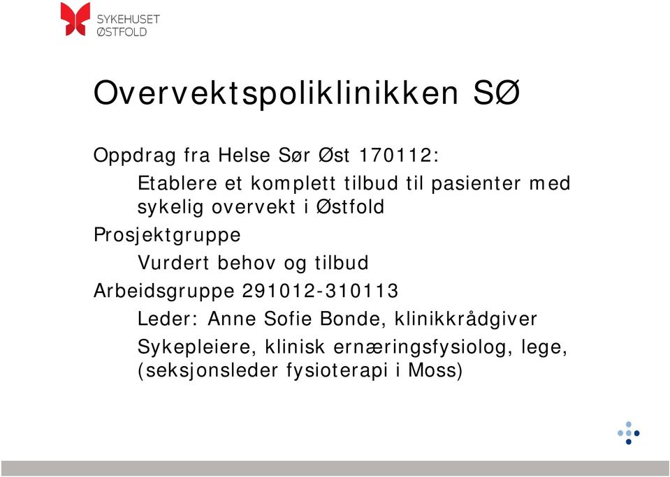 og tilbud Arbeidsgruppe 291012-310113 Leder: Anne Sofie Bonde, klinikkrådgiver