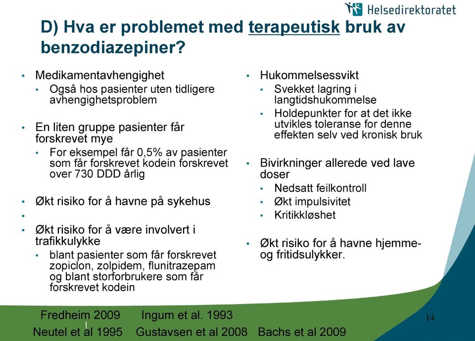 730 DDD årlig Økt risiko for å havne på sykehus Økt risiko for å være involvert i trafikkulykke blant pasienter som får forskrevet zopiclon, zolpidem, flunitrazepam og blant storforbrukere som får