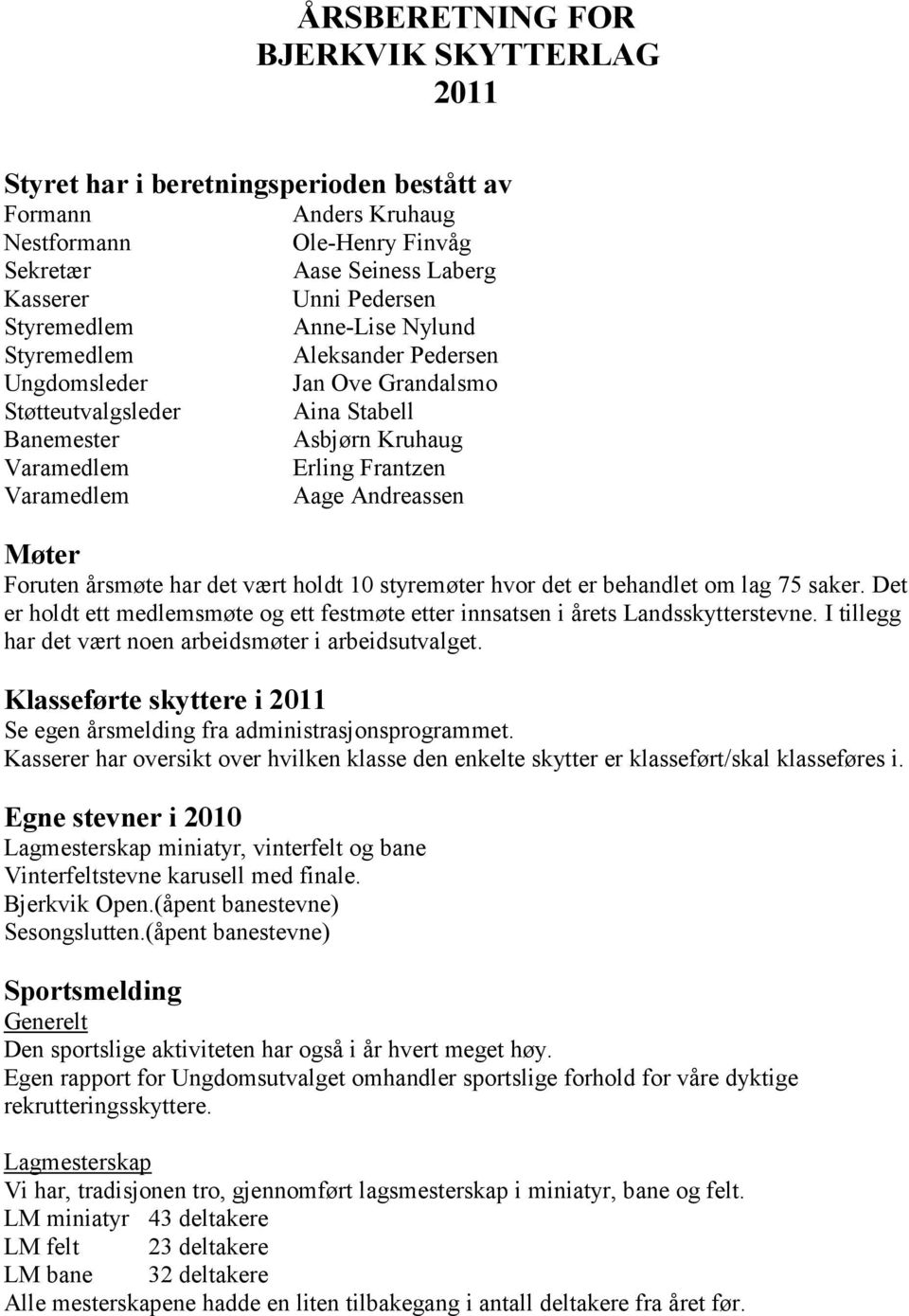 Andreassen Møter Foruten årsmøte har det vært holdt 10 styremøter hvor det er behandlet om lag 75 saker. Det er holdt ett medlemsmøte og ett festmøte etter innsatsen i årets Landsskytterstevne.