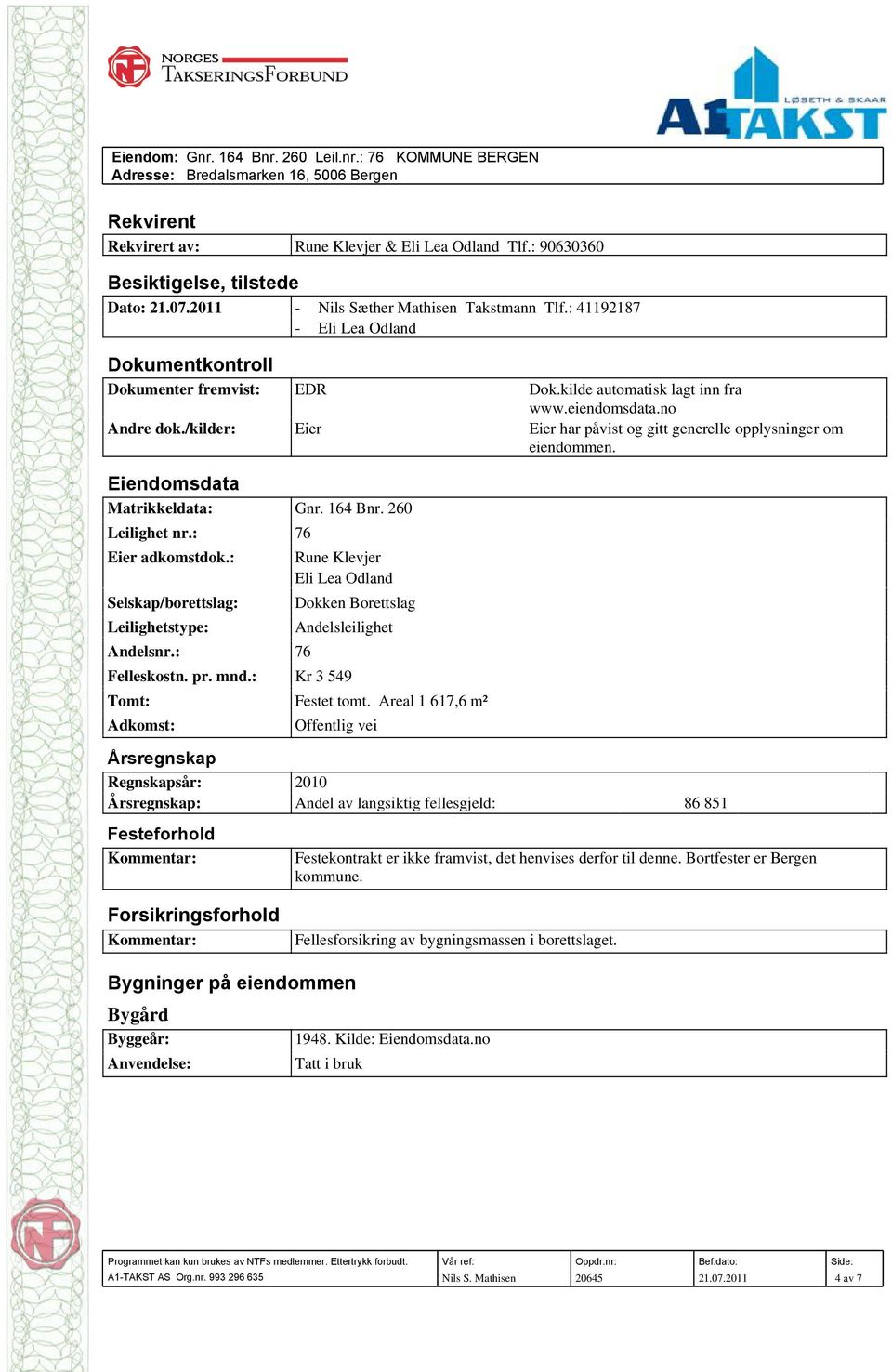 /kilder: Eier Eier har påvist og gitt generelle opplysninger om eiendommen. Eiendomsdata Matrikkeldata: Gnr. 164 Bnr. 260 Leilighet nr.: 76 Eier adkomstdok.