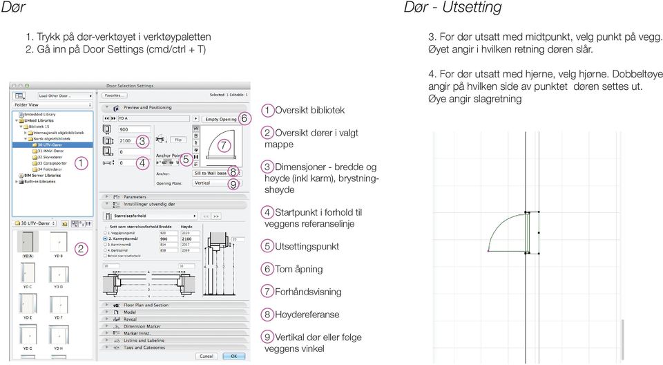 1 3 4 5 7 8 9 6 1 Oversikt bibliotek 2 Oversikt dører i valgt mappe 3 Dimensjoner - bredde og høyde (inkl karm), brystningshøyde 4.