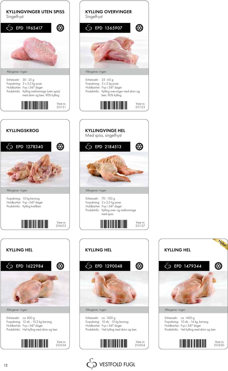 Forpakning: 10 kg kartong Produktinfo: Kylling kraftben 20603 Enhetsvekt: 70-100 g Produktinfo: Kylling over- og mellomvinge med spiss 20137 kylling hel kylling hel kylling hel EPD 1622984 EPD