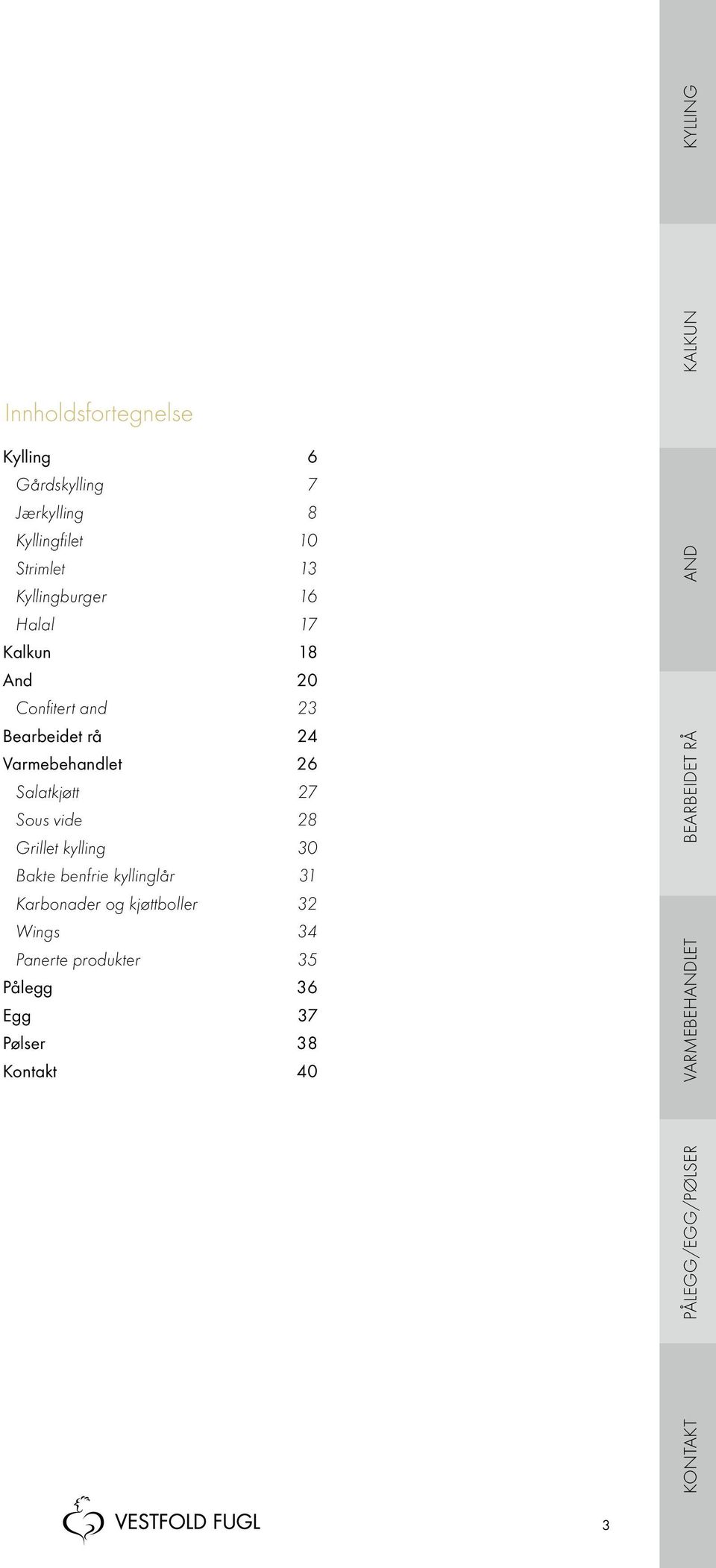 Grillet kylling 30 Bakte benfrie kyllinglår 31 Karbonader og kjøttboller 32 Wings 34 Panerte produkter 35