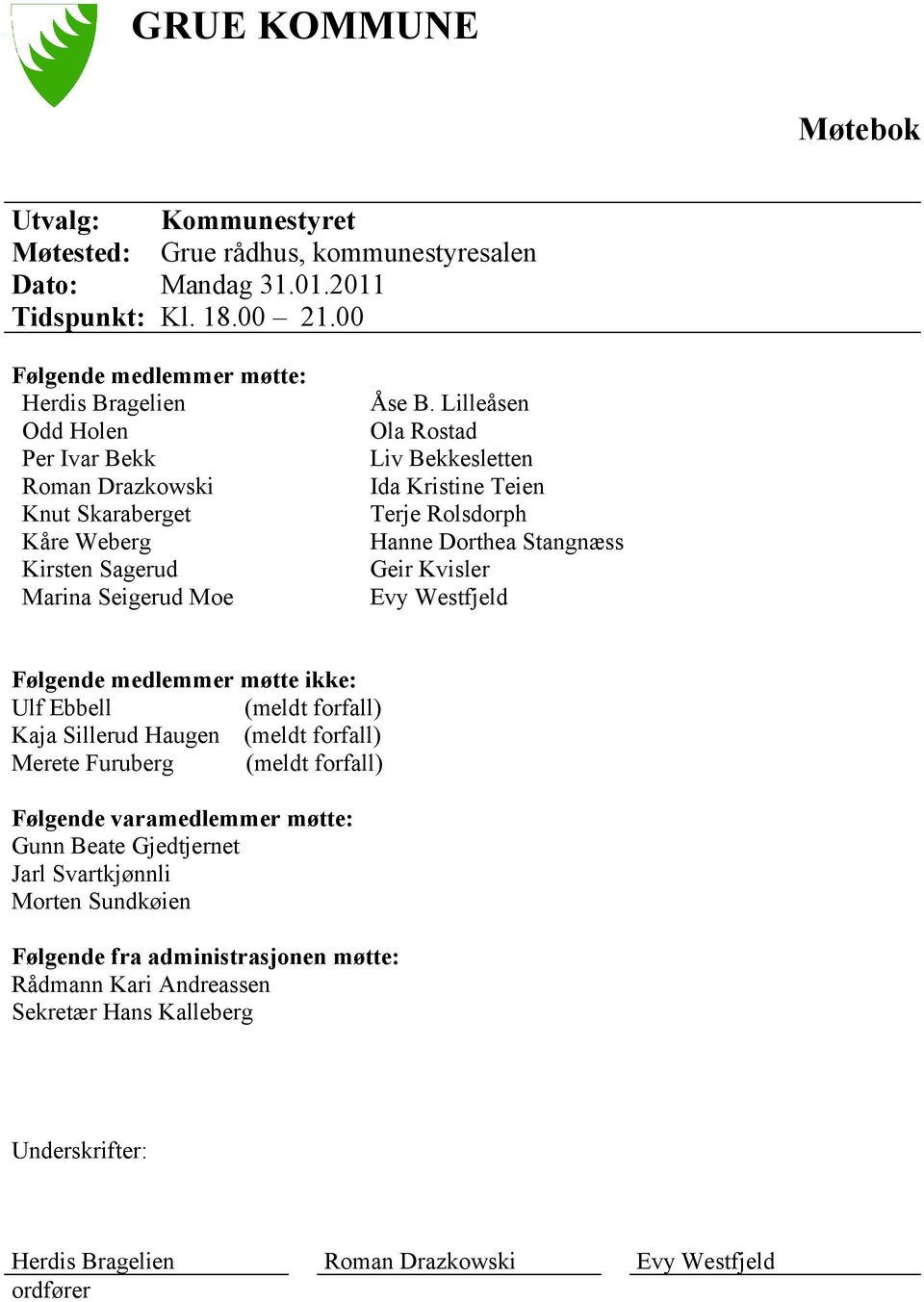 Lilleåsen Ola Rostad Liv Bekkesletten Ida Kristine Teien Terje Rolsdorph Hanne Dorthea Stangnæss Geir Kvisler Evy Westfjeld Følgende medlemmer møtte ikke: Ulf Ebbell (meldt forfall) Kaja Sillerud