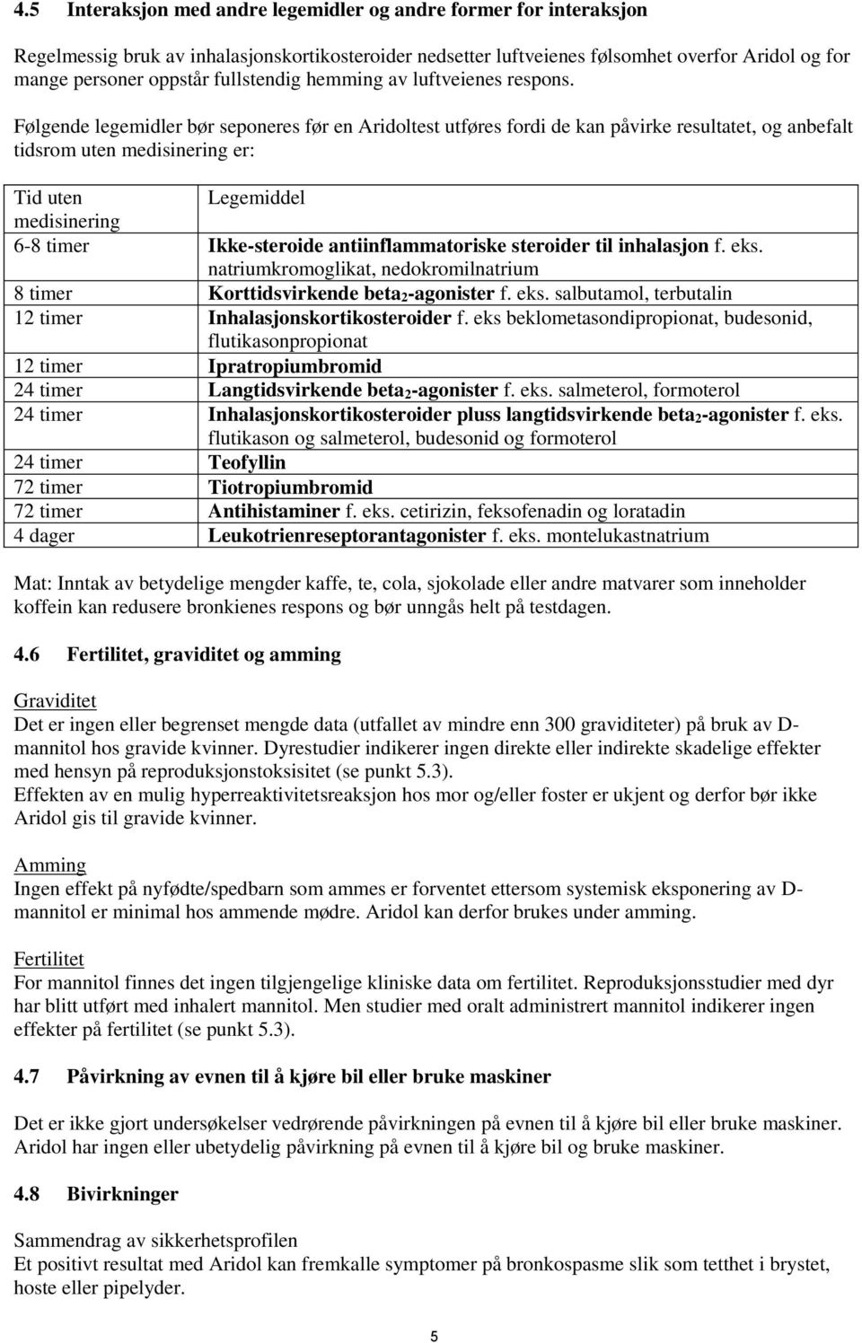 Følgende legemidler bør seponeres før en Aridoltest utføres fordi de kan påvirke resultatet, og anbefalt tidsrom uten medisinering er: Tid uten Legemiddel medisinering 6-8 timer Ikke-steroide