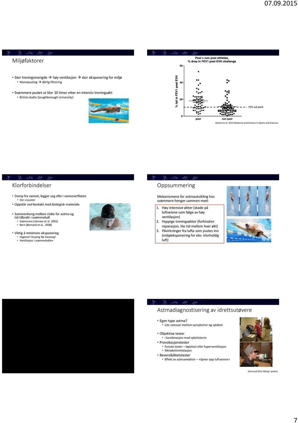 2012 Medicine and Science in Sports and Exercise Klorforbindelser Damp fra vannet, legger seg ofte i vannoverflaten Der vi puster Oppstår ved kontakt med biologisk materiale Sammenheng mellom risiko