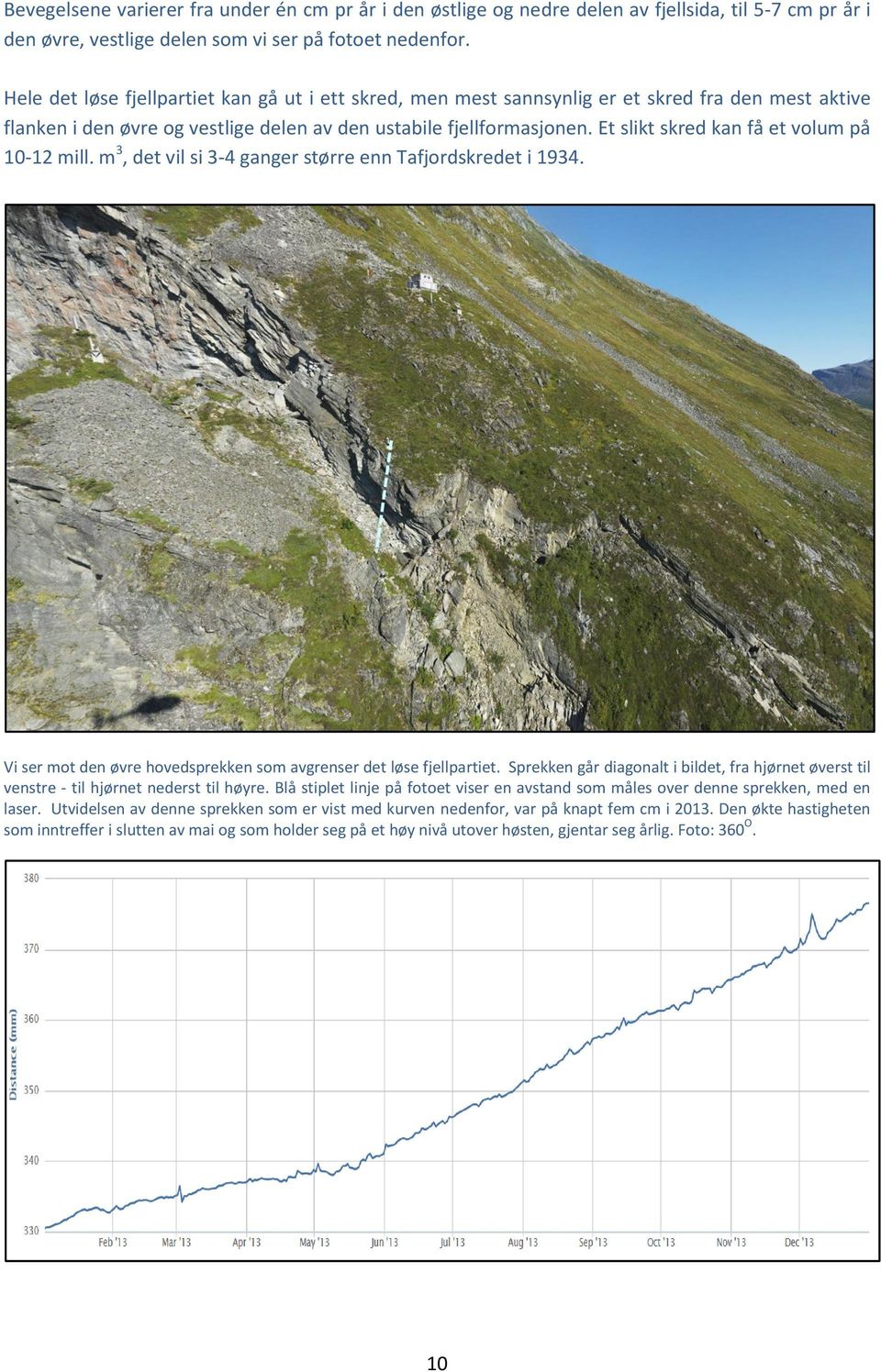 Et slikt skred kan få et volum på 10-12 mill. m 3, det vil si 3-4 ganger større enn Tafjordskredet i 1934. Vi ser mot den øvre hovedsprekken som avgrenser det løse fjellpartiet.