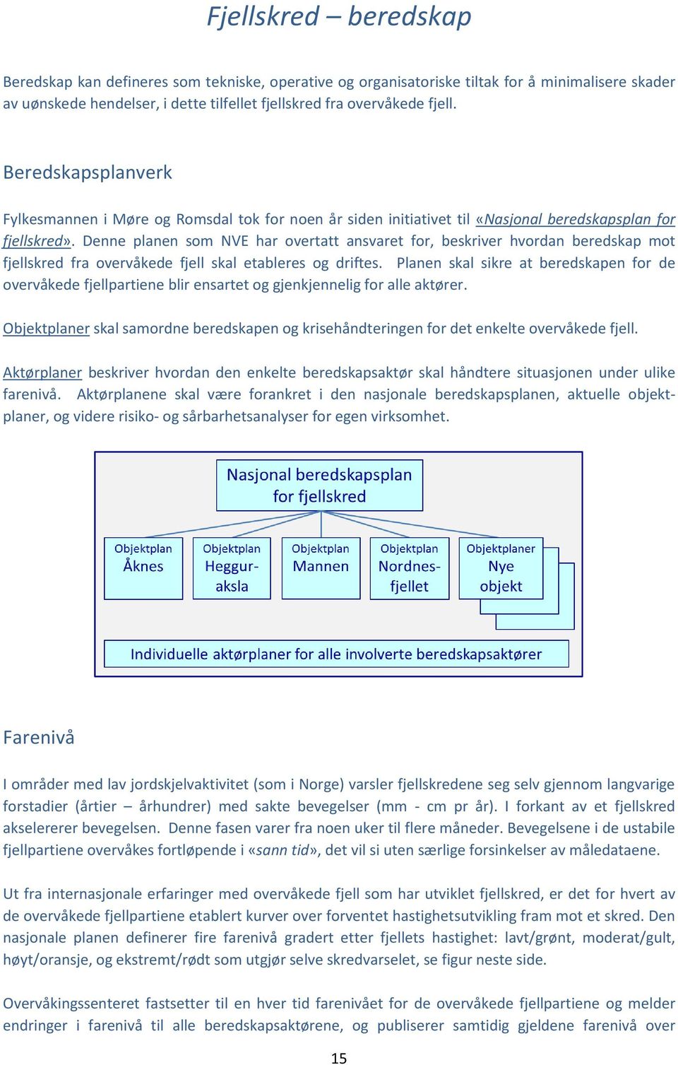 Denne planen som NVE har overtatt ansvaret for, beskriver hvordan beredskap mot fjellskred fra overvåkede fjell skal etableres og driftes.