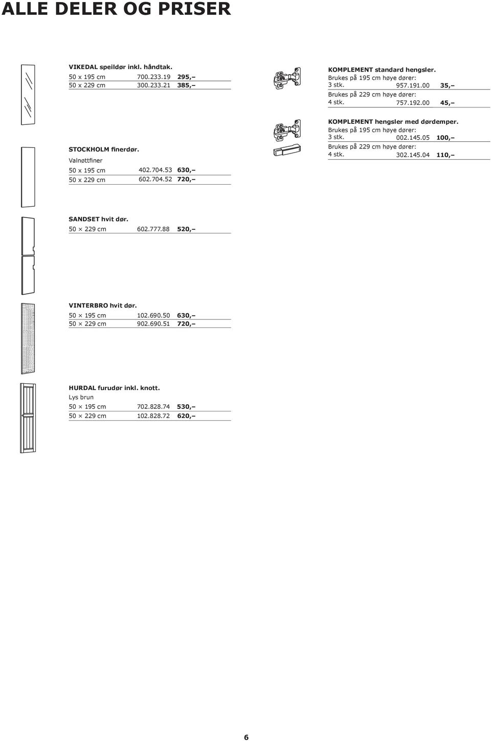 53 630, 50 x 229 cm 602.704.52 720, KOMPLEMENT hengsler med dørdemper. Brukes på 195 cm høye dører: 3 stk. 002.145.05 100, Brukes på 229 cm høye dører: 4 stk. 302.145.04 110, SANDSET hvit dør.