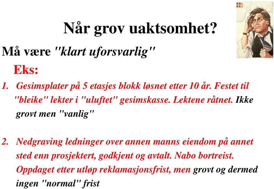 Festet til "bleike" lekter i "uluftet" gesimskasse. Lektene råtnet. Ikke grovt men "vanlig" 2.