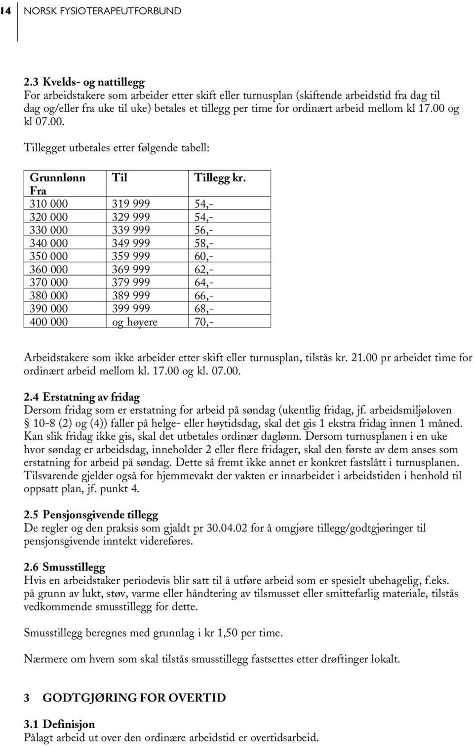mellom kl 17.00 og kl 07.00. Tillegget utbetales etter følgende tabell: Grunnlønn Til Tillegg kr.