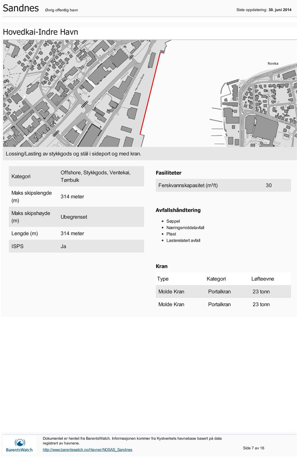 Fasiliteter Ferskvannskapasitet (m³/t) 30 Avfallshåndtering Søppel Næringsmiddelavfall Plast