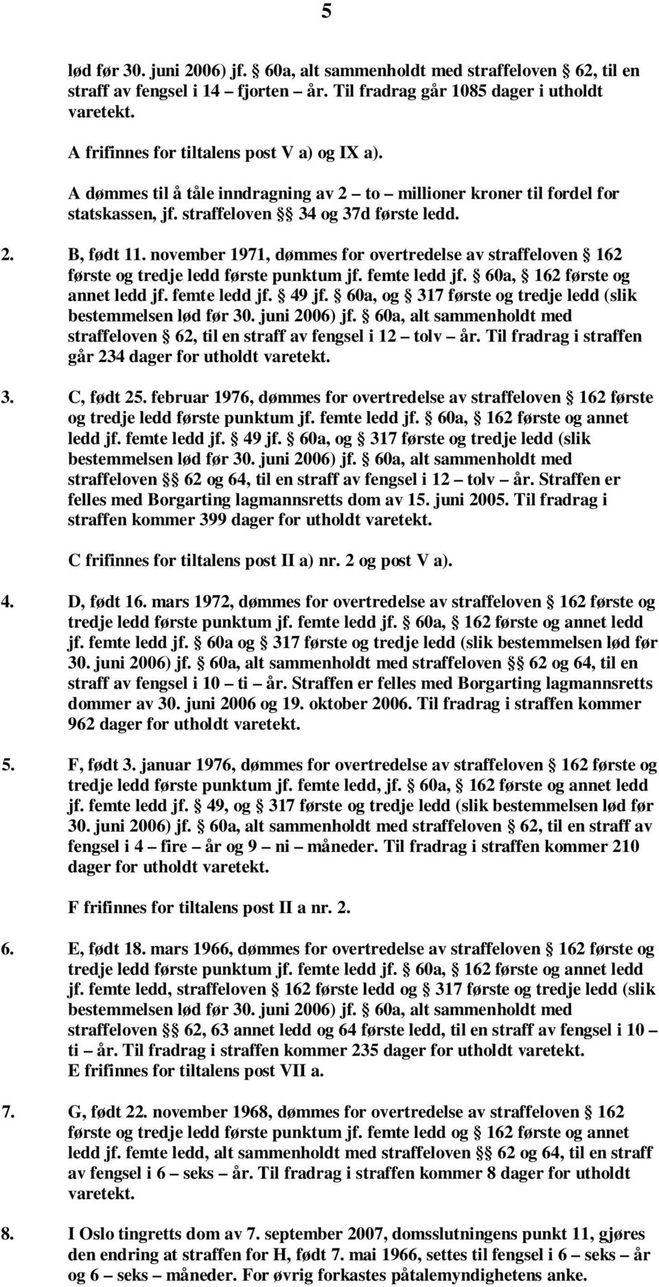 november 1971, dømmes for overtredelse av straffeloven 162 første og tredje ledd første punktum jf. femte ledd jf. 60a, 162 første og annet ledd jf. femte ledd jf. 49 jf.