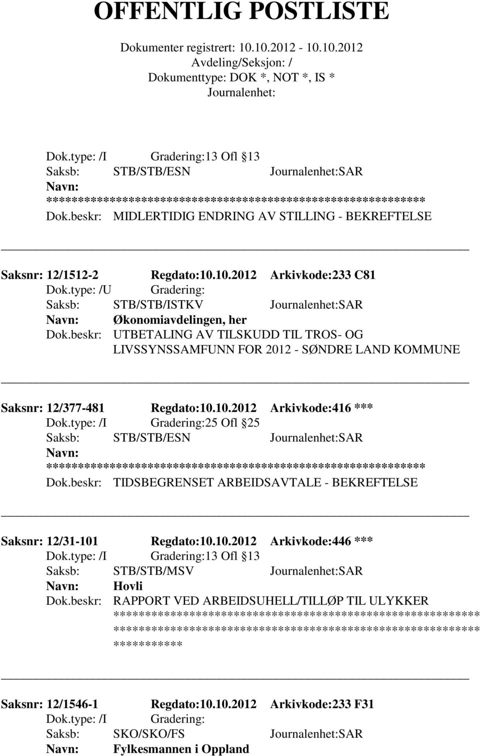 beskr: TIDSBEGRENSET ARBEIDSAVTALE - BEKREFTELSE Saksnr: 12/31-101 Regdato:10.10.2012 Arkivkode:446 *** 13 Ofl 13 Saksb: STB/STB/MSV SAR Hovli Dok.