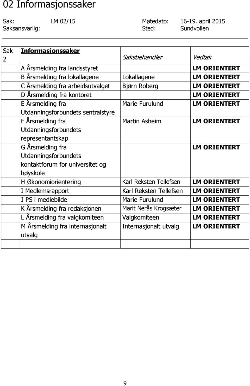 fra arbeidsutvalget Bjørn Roberg LM ORIENTERT D Årsmelding fra kontoret LM ORIENTERT E Årsmelding fra Marie Furulund LM ORIENTERT Utdanningsforbundets sentralstyre F Årsmelding fra Martin Asheim LM