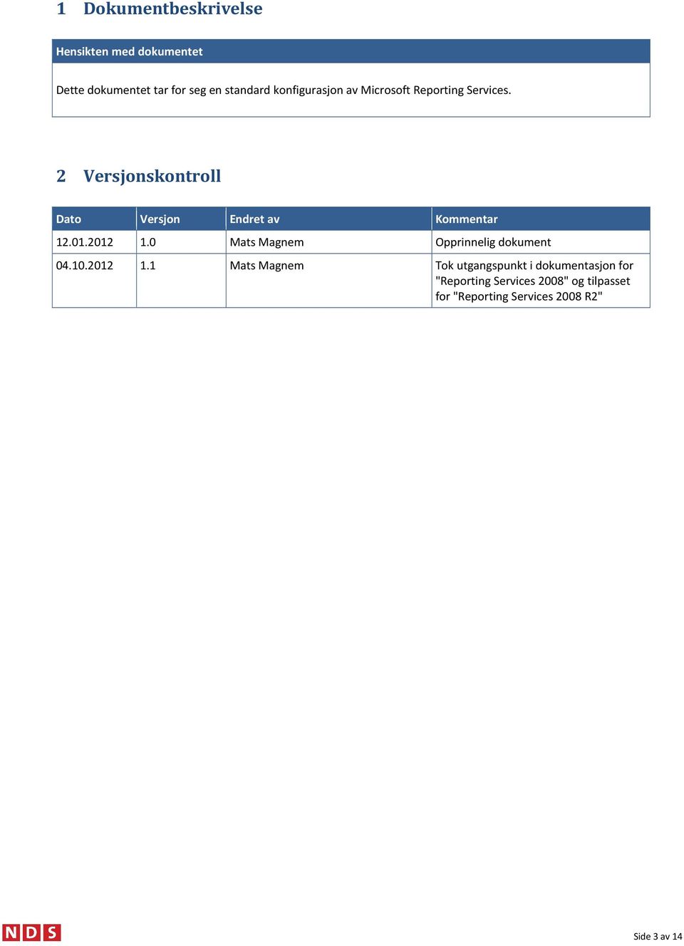 2 Versjonskontroll Dato Versjon Endret av Kommentar 12.01.2012 1.