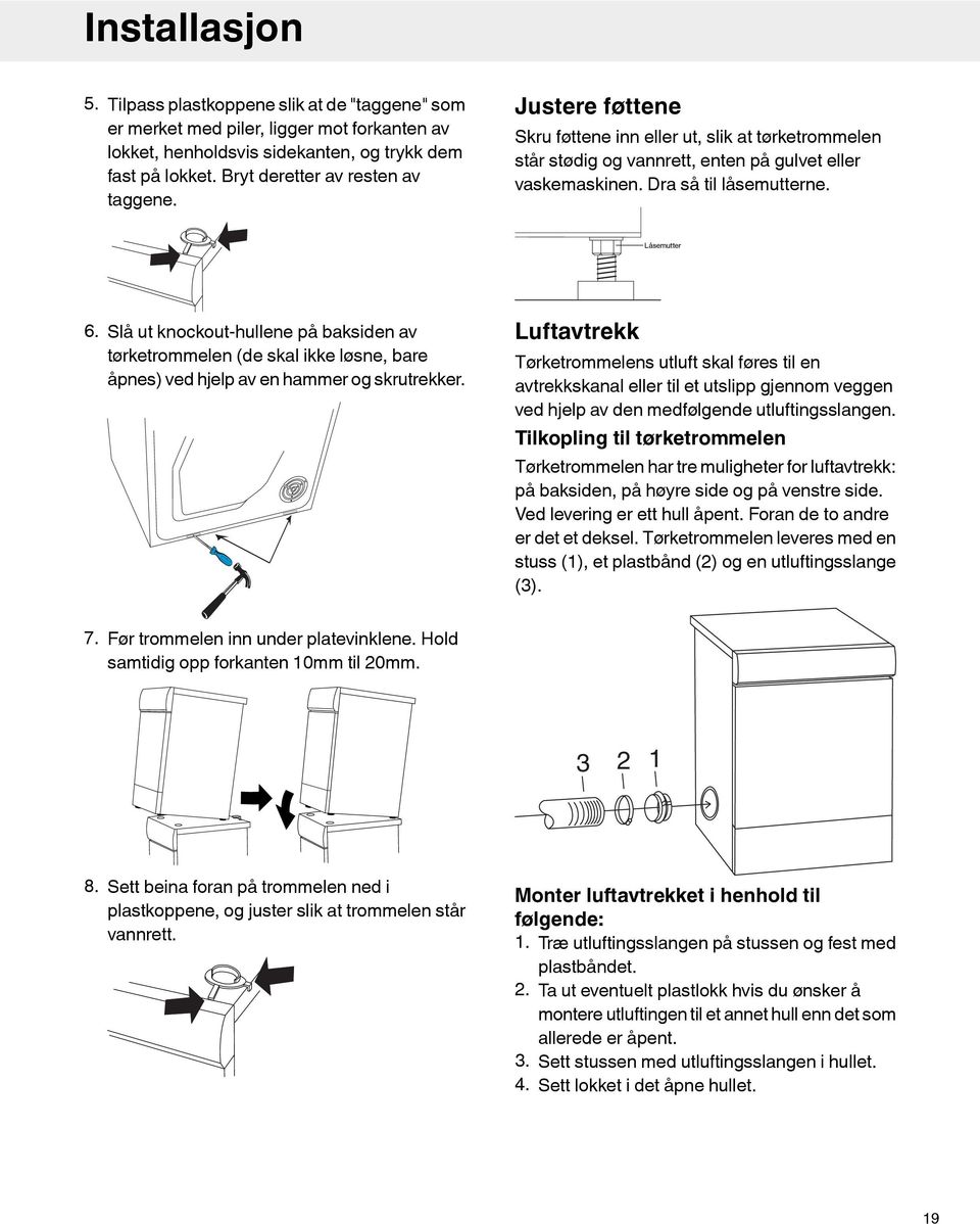 Låsemutter 6. Slå ut knockout-hullene på baksiden av tørketrommelen (de skal ikke løsne, bare åpnes) ved hjelp av en hammer og skrutrekker.
