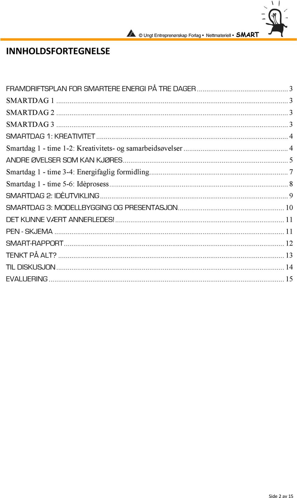 .. 5 Smartdag 1 - time 3-4: Energifaglig formidling... 7 Smartdag 1 - time 5-6: Idèprosess... 8 SMARTDAG 2: IDÈUTVIKLING.