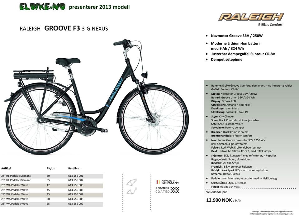 613 6 001 613 6 002 26 WA Pedelec Wave 42 613 6 005 26 WA Pedelec Wave 45 613 6 006 45 613 6 007 613 6 008 613 6 009 Ramme: E-bike Groove Comfort, aluminium, med integrerte kabler Gaffel: Suntour