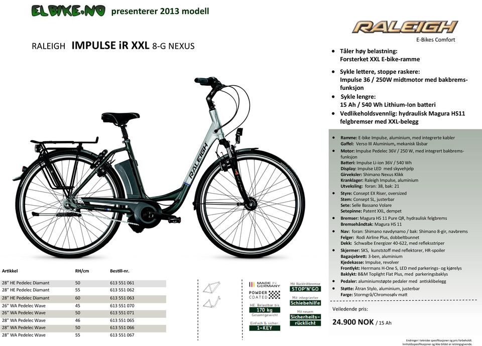 Gaffel: Verso III Aluminium, mekanisk låsbar Motor: Impulse Pedelec 36V / 2 W, med integrert bakbrems- funksjon Batteri: Impulse Li-ion 36V / 540 Wh Display: Impulse LED med skyvehjelp Girveksler: