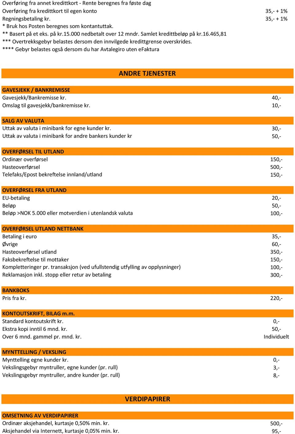 **** Gebyr belastes også dersom du har Avtalegiro uten efaktura ANDRE TJENESTER SALG AV VALUTA Uttak av valuta i minibank for egne kunder kr.