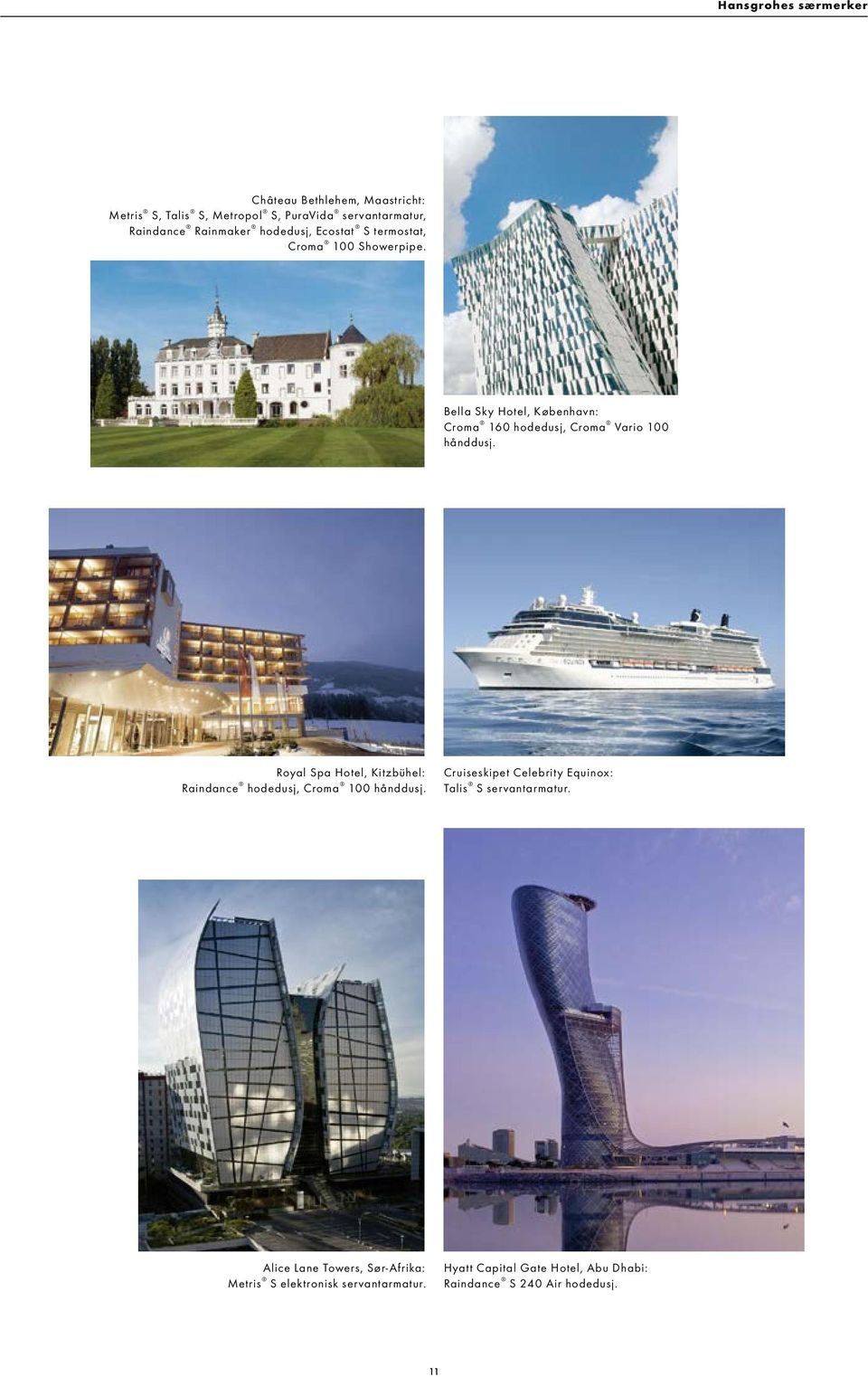 Royal Spa Hotel, Kitzbühel: Raindance hodedusj, Croma 100 hånddusj. Cruiseskipet Celebrity Equinox: Talis S servantarmatur.