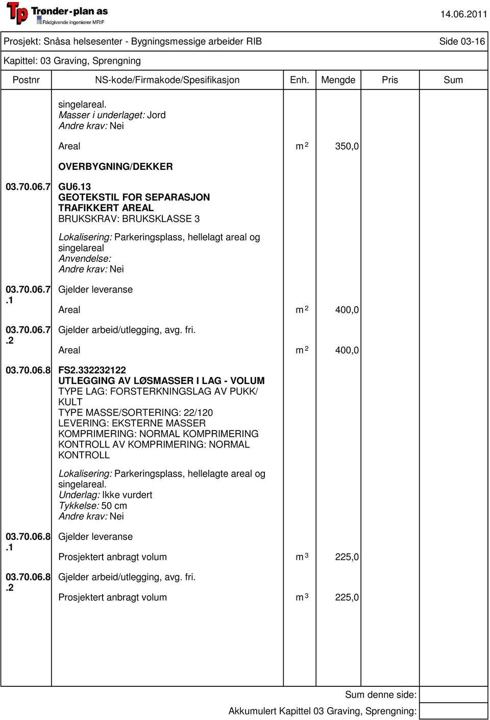 .06.7.1 03.70.06.7.2 Gjelder leveranse Areal m 2 400,0 Gjelder arbeid/utlegging, avg. fri. Areal m 2 400,0 03.70.06.8 FS2.