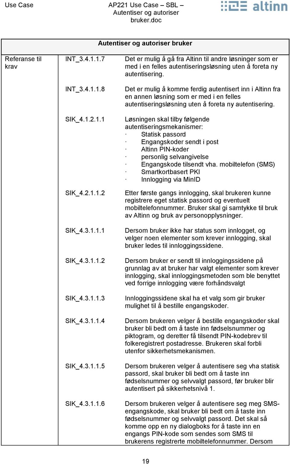 Løsningen skal tilby følgende autentiseringsmekanismer: Statisk passord Engangskoder sendt i post Altinn PIN-koder personlig selvangivelse Engangskode tilsendt vha.